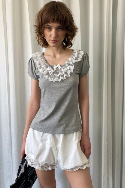 Grey Bubble Knit Lace Mini T-Shirt
