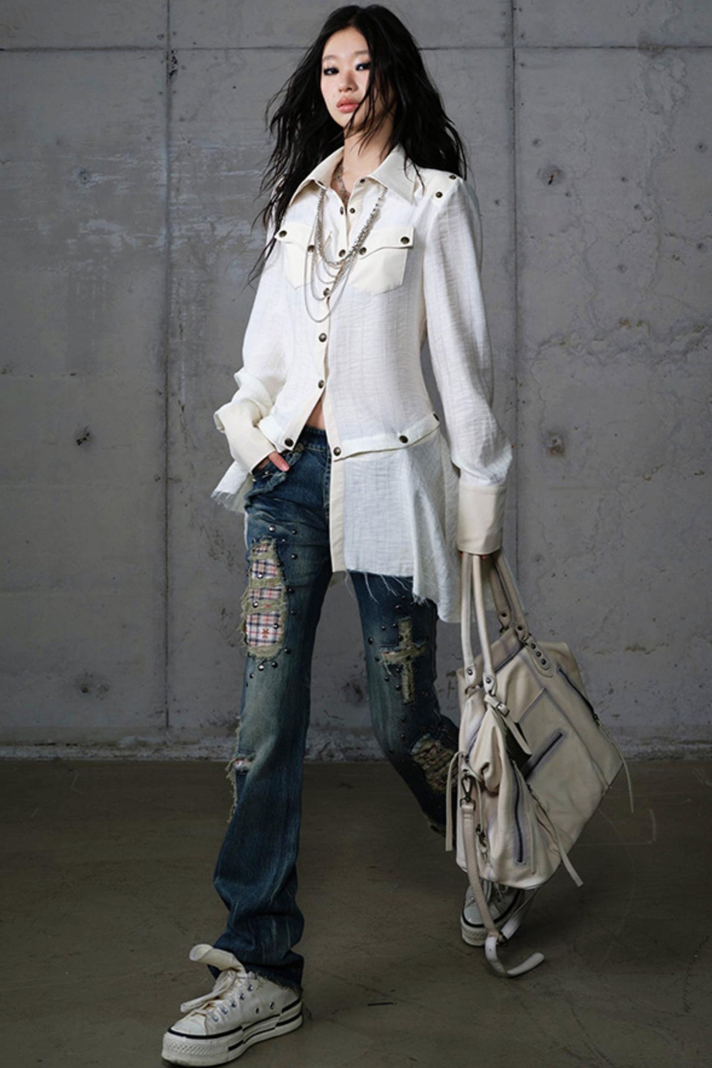 Vintage Punk Patchwork Leather Long Sleeve Shirt