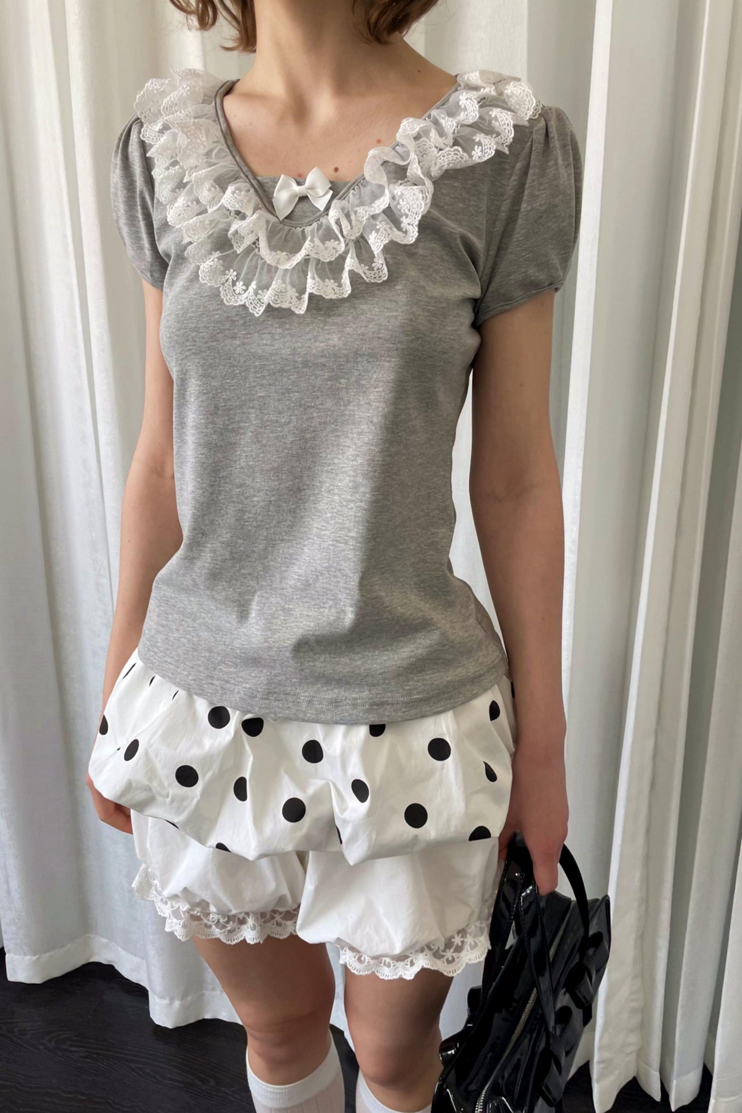 Grey Bubble Knit Lace Mini T-Shirt