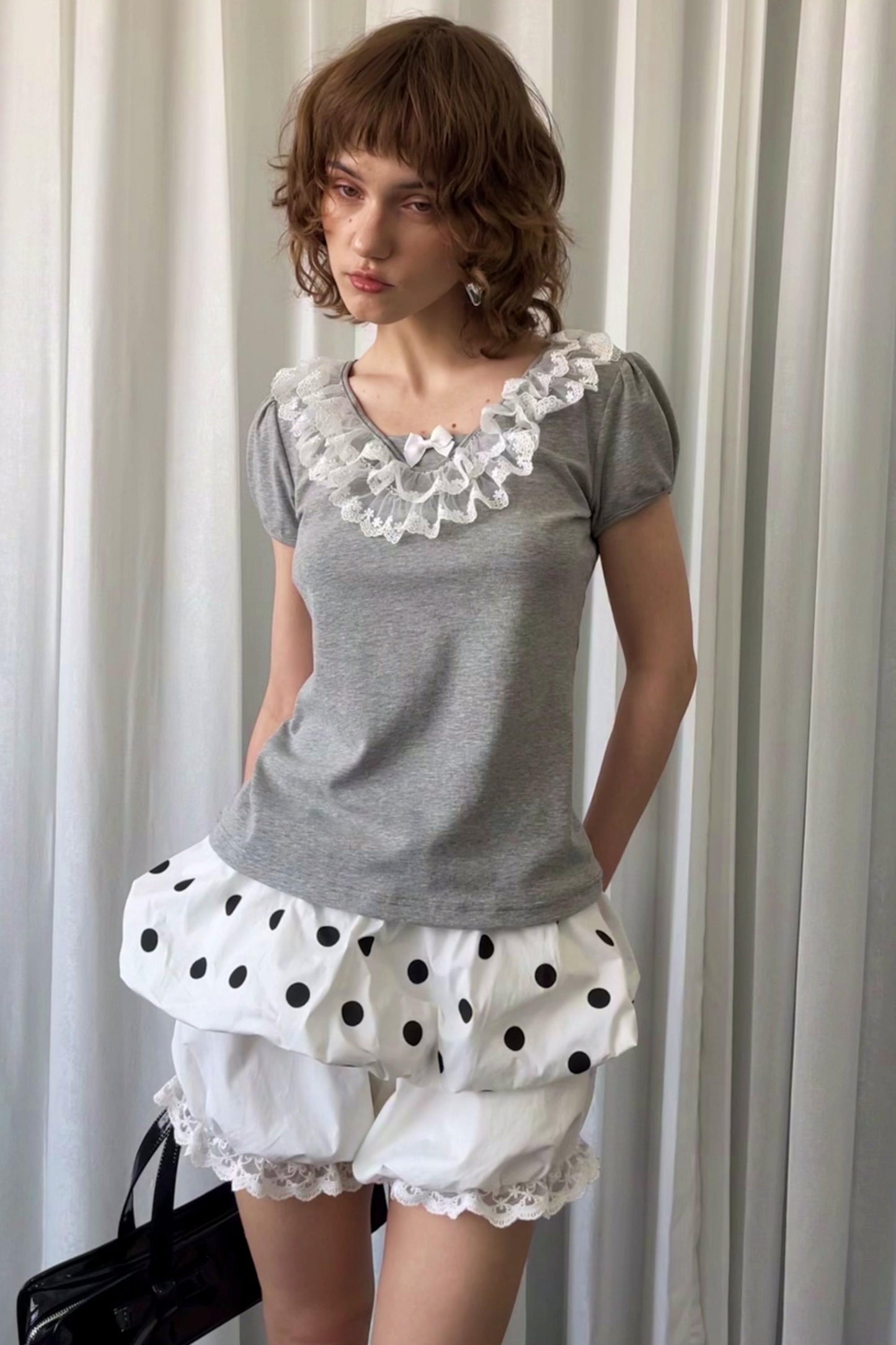 Grey Bubble Knit Lace Mini T-Shirt