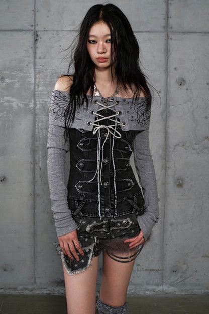 Vintage Denim Embroidered Long Sleeve Shirt