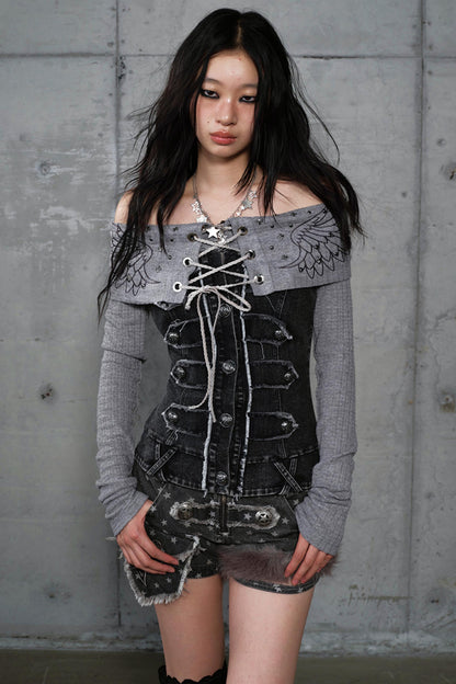 Vintage Denim Embroidered Long Sleeve Shirt