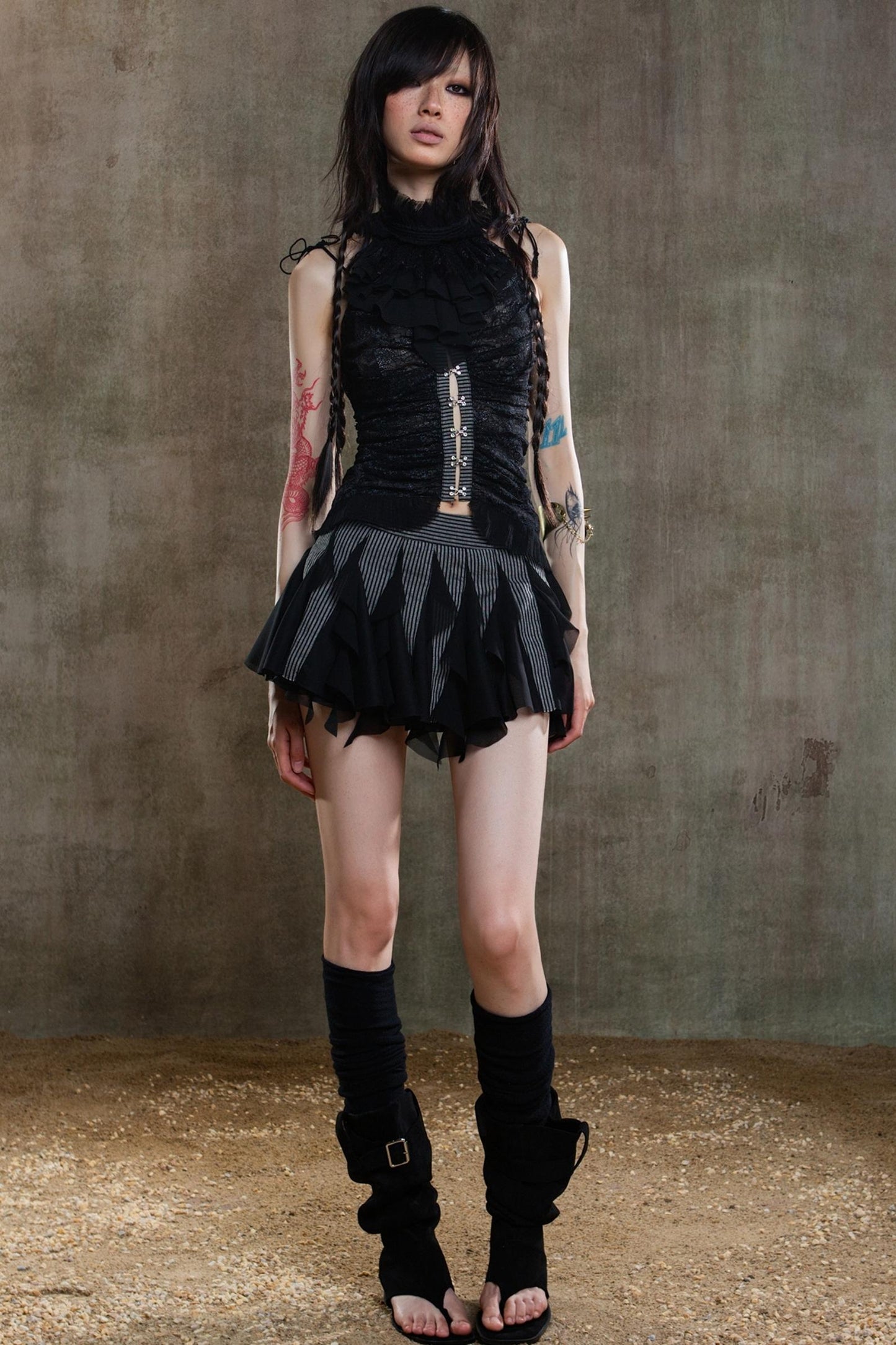 Necklace Accessory Multi-Ruched Lace Halter Top Set