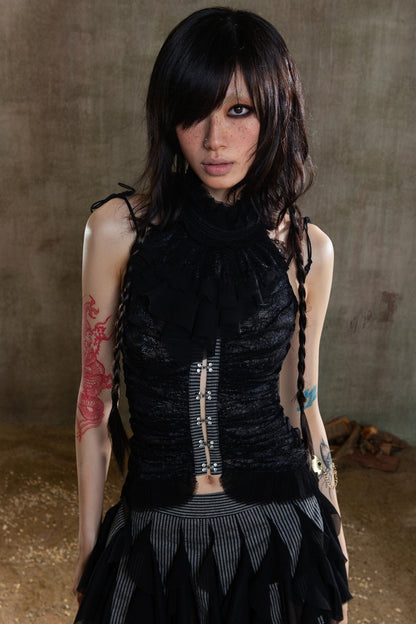 Necklace Accessory Multi-Ruched Lace Halter Top Set