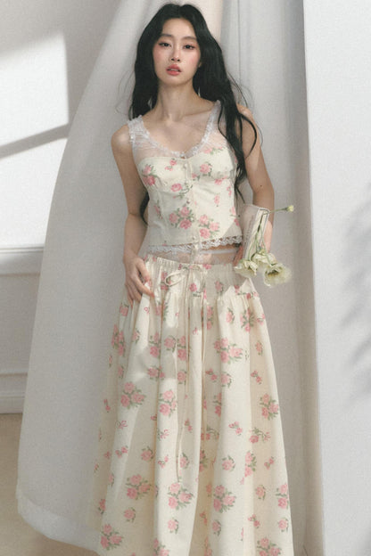 Rose Print Silk Scarf High-Waisted Chic Dress