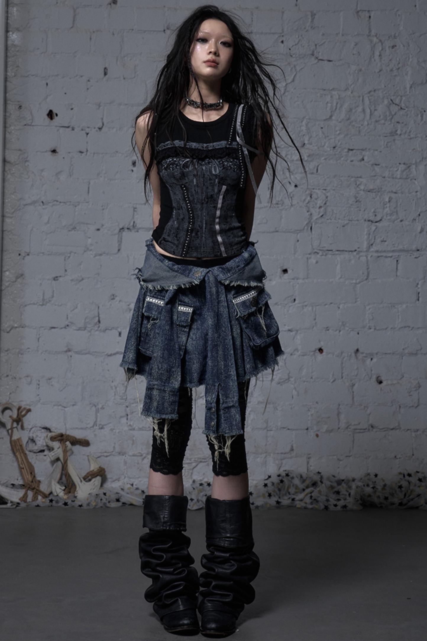 Punk Washed Denim Shirt Skirt