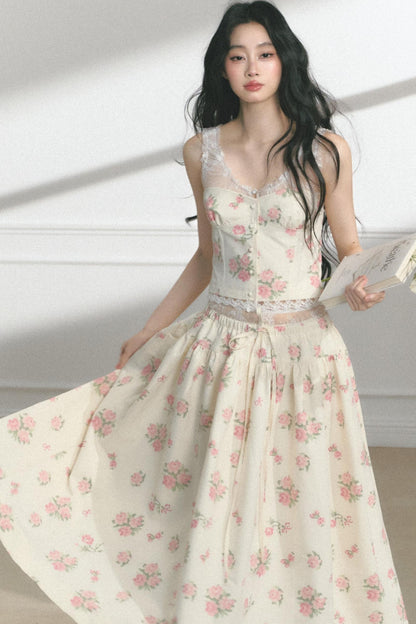 Rose Print Silk Scarf High-Waisted Chic Dress