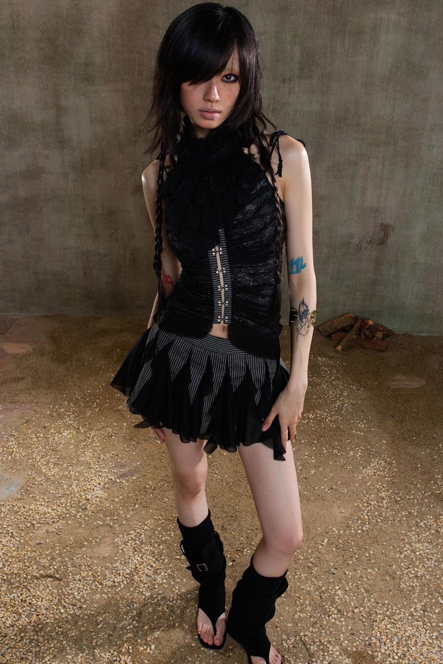 Necklace Accessory Multi-Ruched Lace Halter Top Set