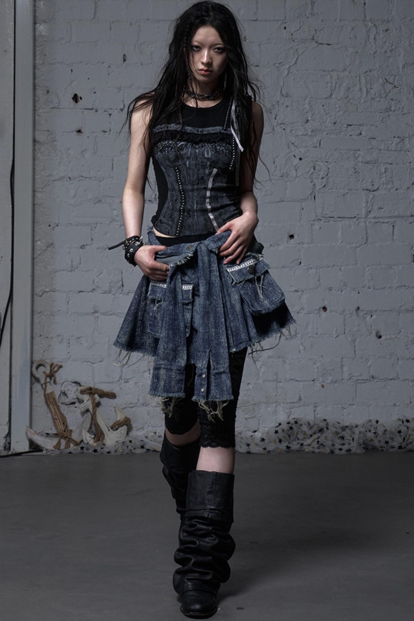 Punk Washed Denim Shirt Skirt