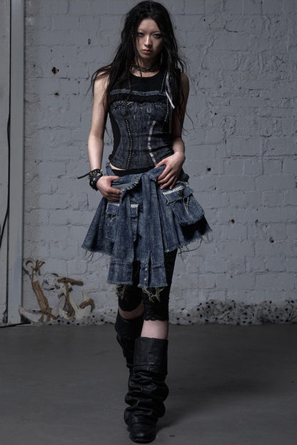 Punk Washed Denim Shirt Skirt