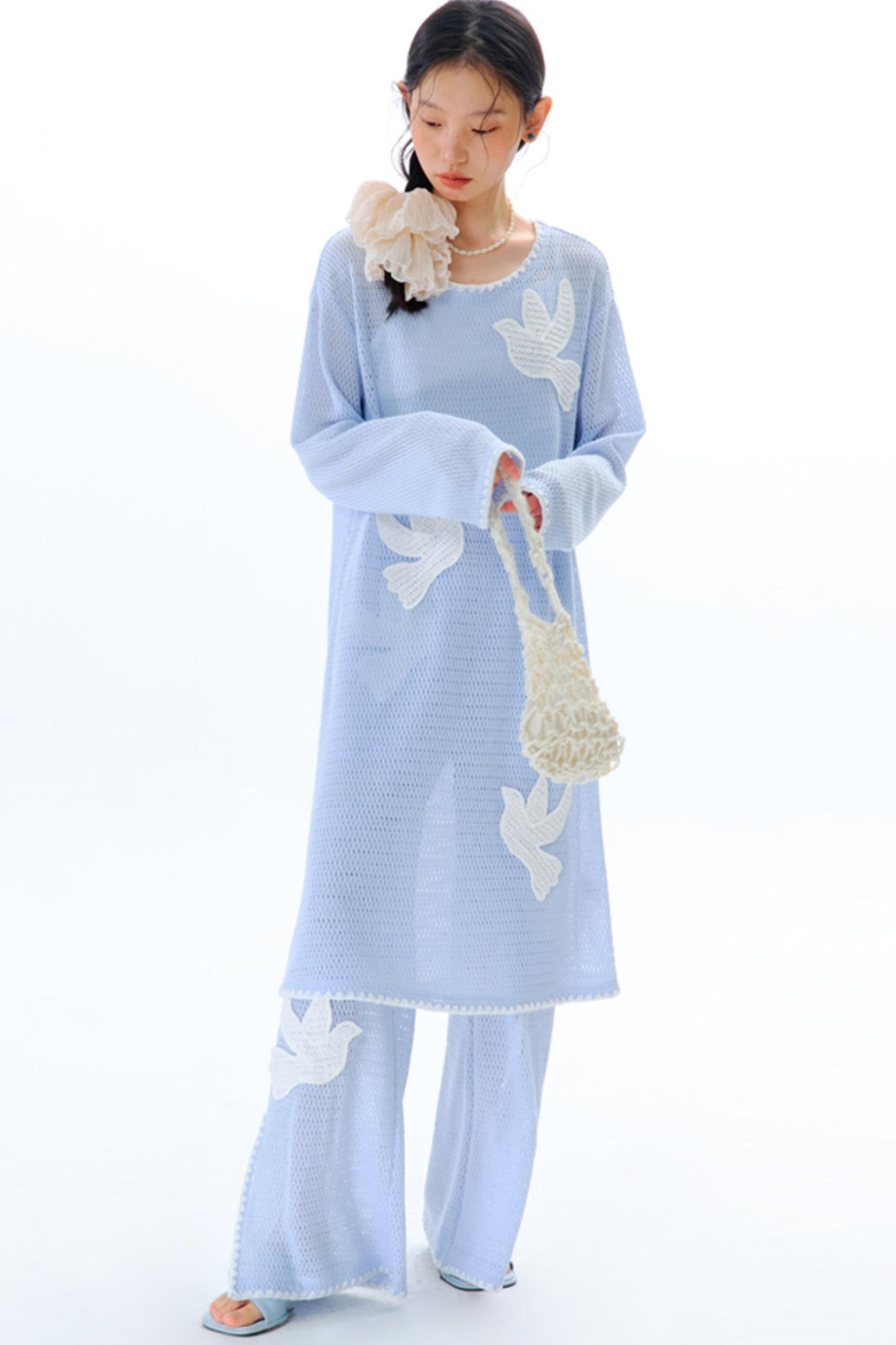 Sun Bird Embroidery Loose Knit Trousers