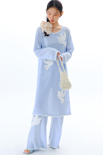 Sun Bird Embroidery Loose Knit Trousers