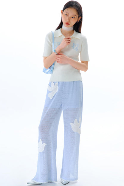 Sun Bird Embroidery Loose Knit Trousers