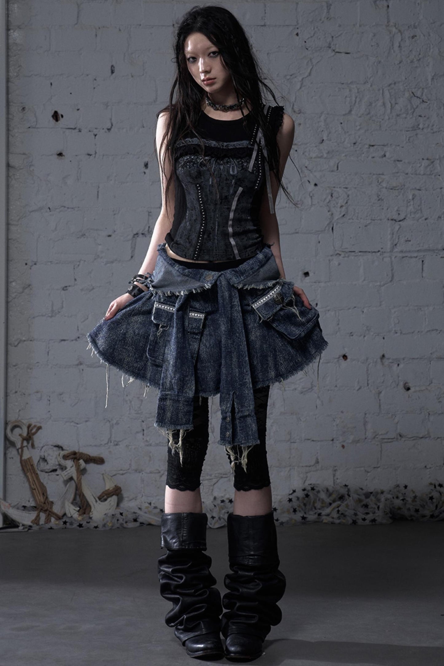 Punk Washed Denim Shirt Skirt