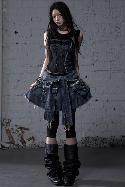 Punk Washed Denim Shirt Skirt