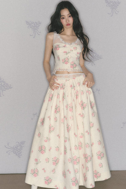 Rose Print Silk Scarf High-Waisted Chic Dress