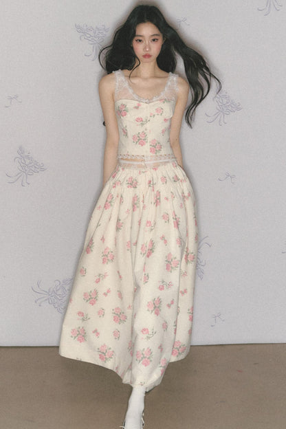 Rose Print Silk Scarf High-Waisted Chic Dress