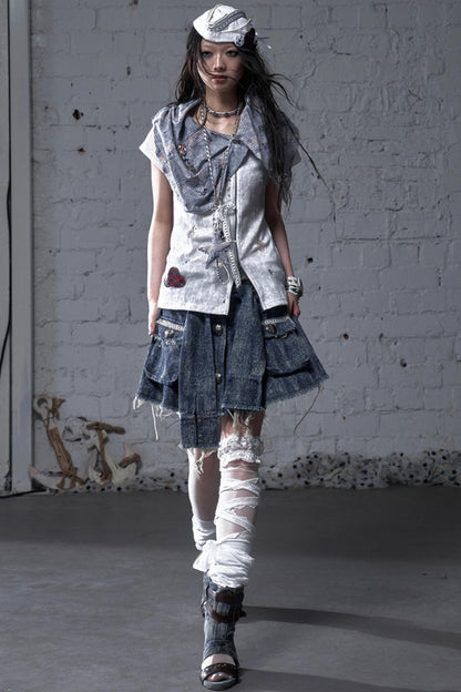 Punk Washed Denim Shirt Skirt