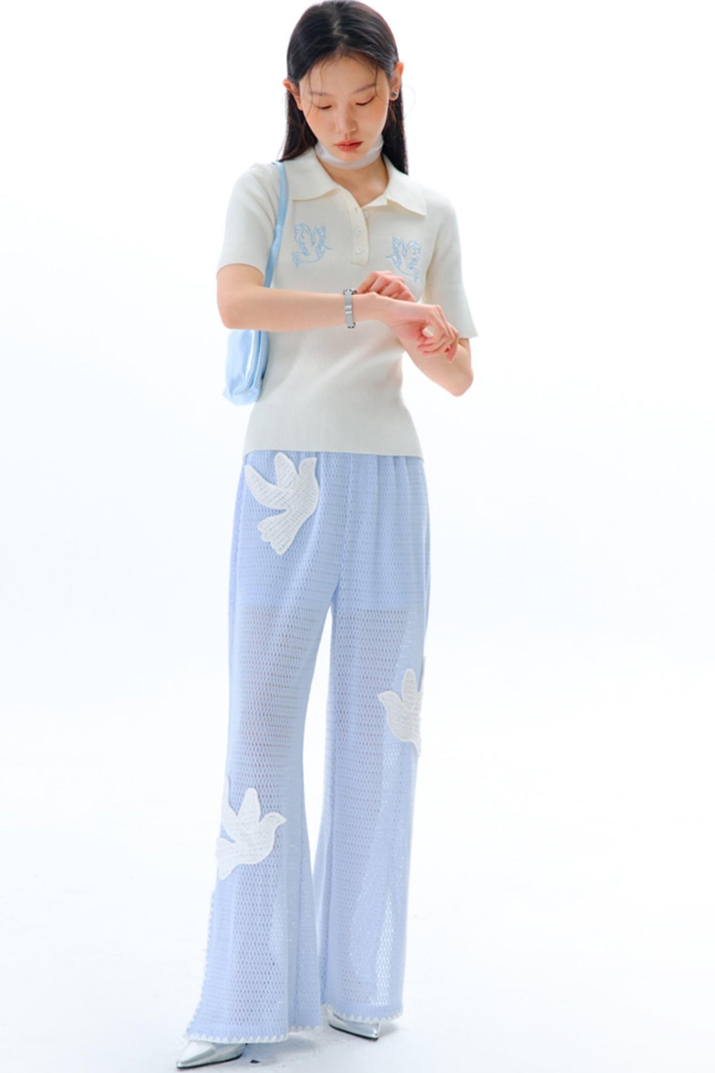 Sun Bird Embroidery Loose Knit Trousers
