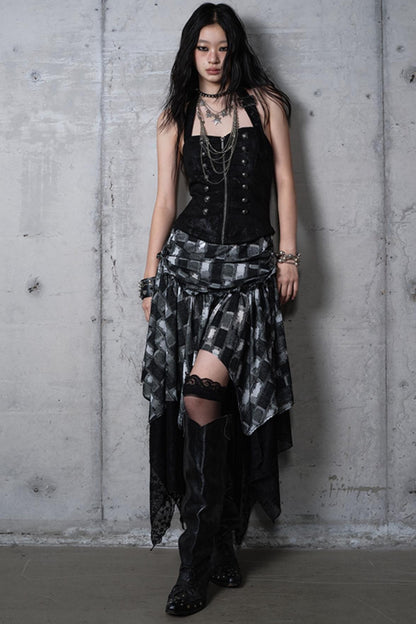 Velvet Irregular Check Bandeau Dress