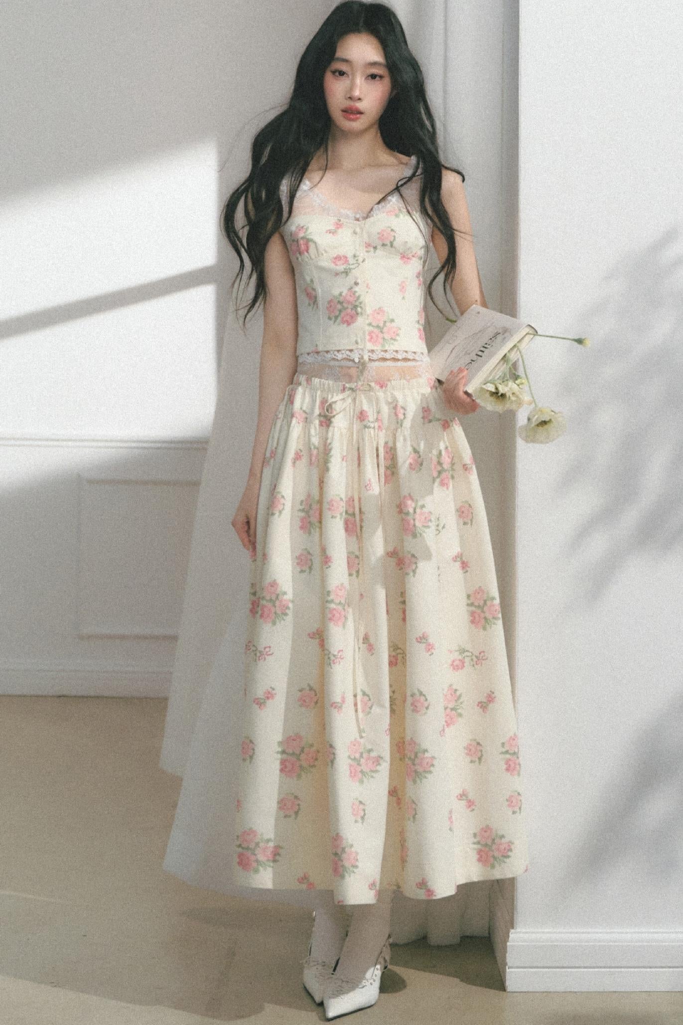 Rose Print Silk Scarf High-Waisted Chic Dress