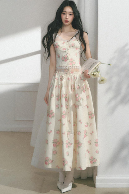 Rose Print Silk Scarf High-Waisted Chic Dress