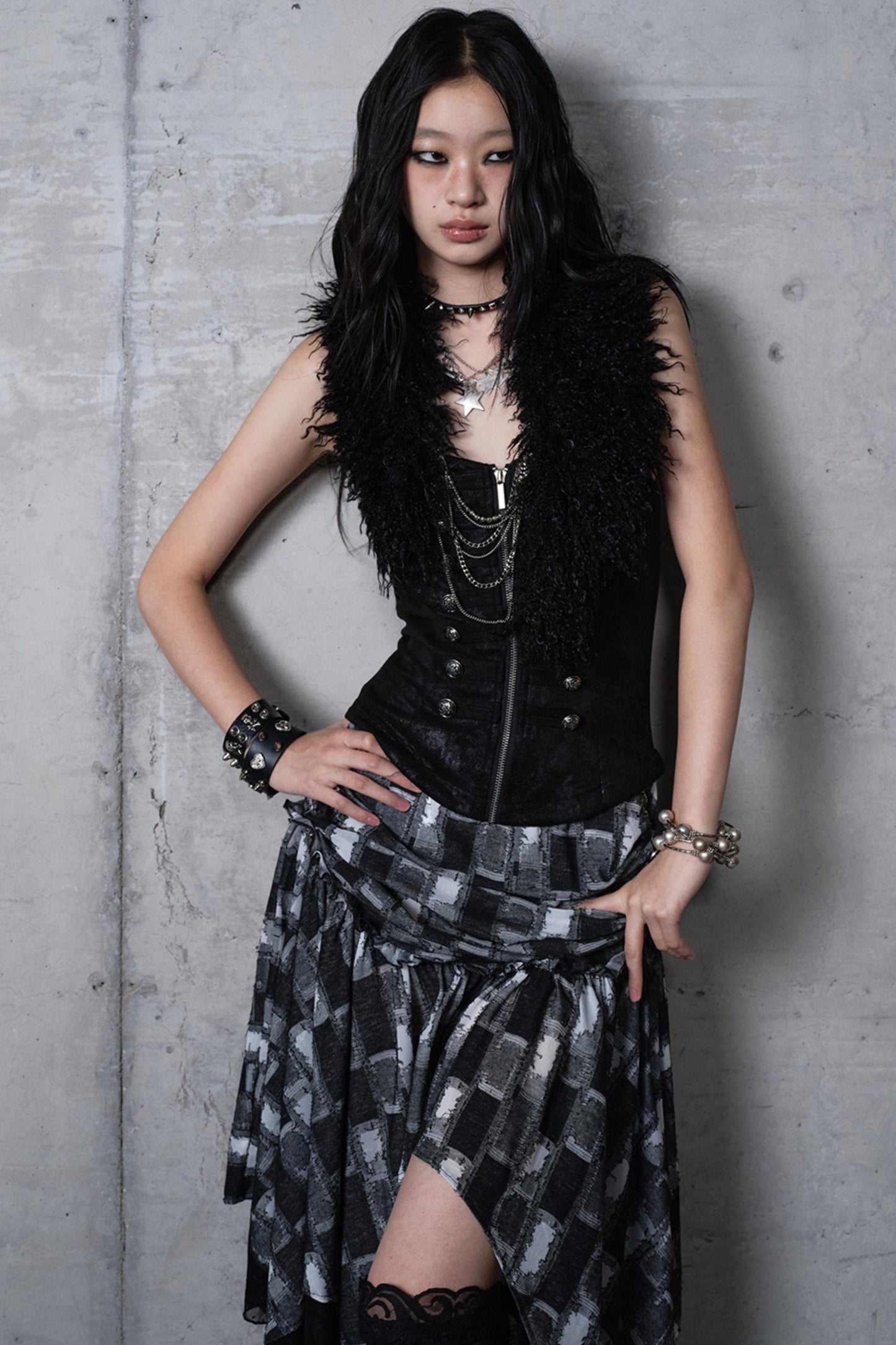 Velvet Irregular Check Bandeau Dress