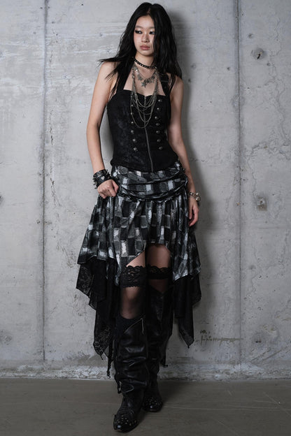 Velvet Irregular Check Bandeau Dress