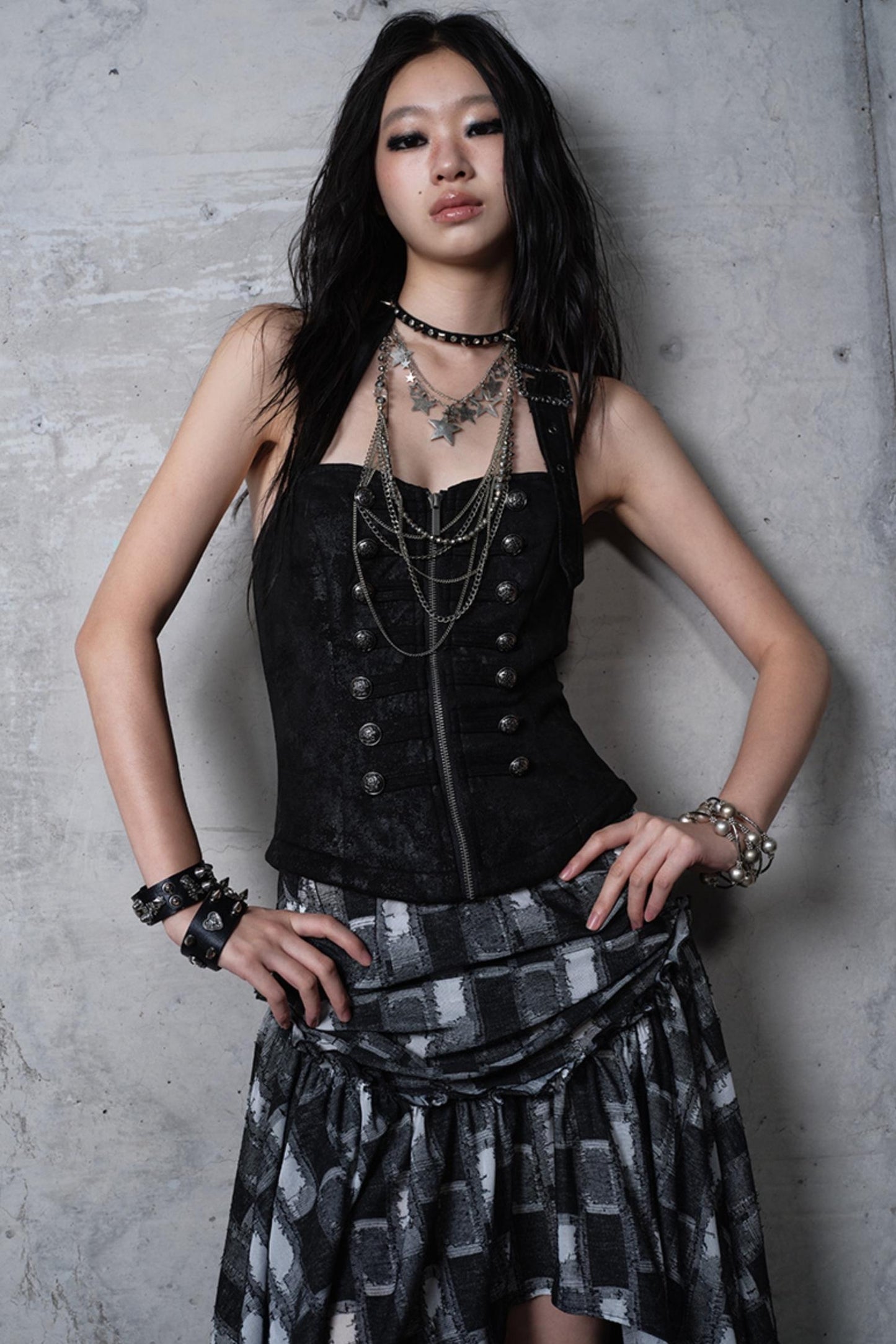 Velvet Irregular Check Bandeau Dress