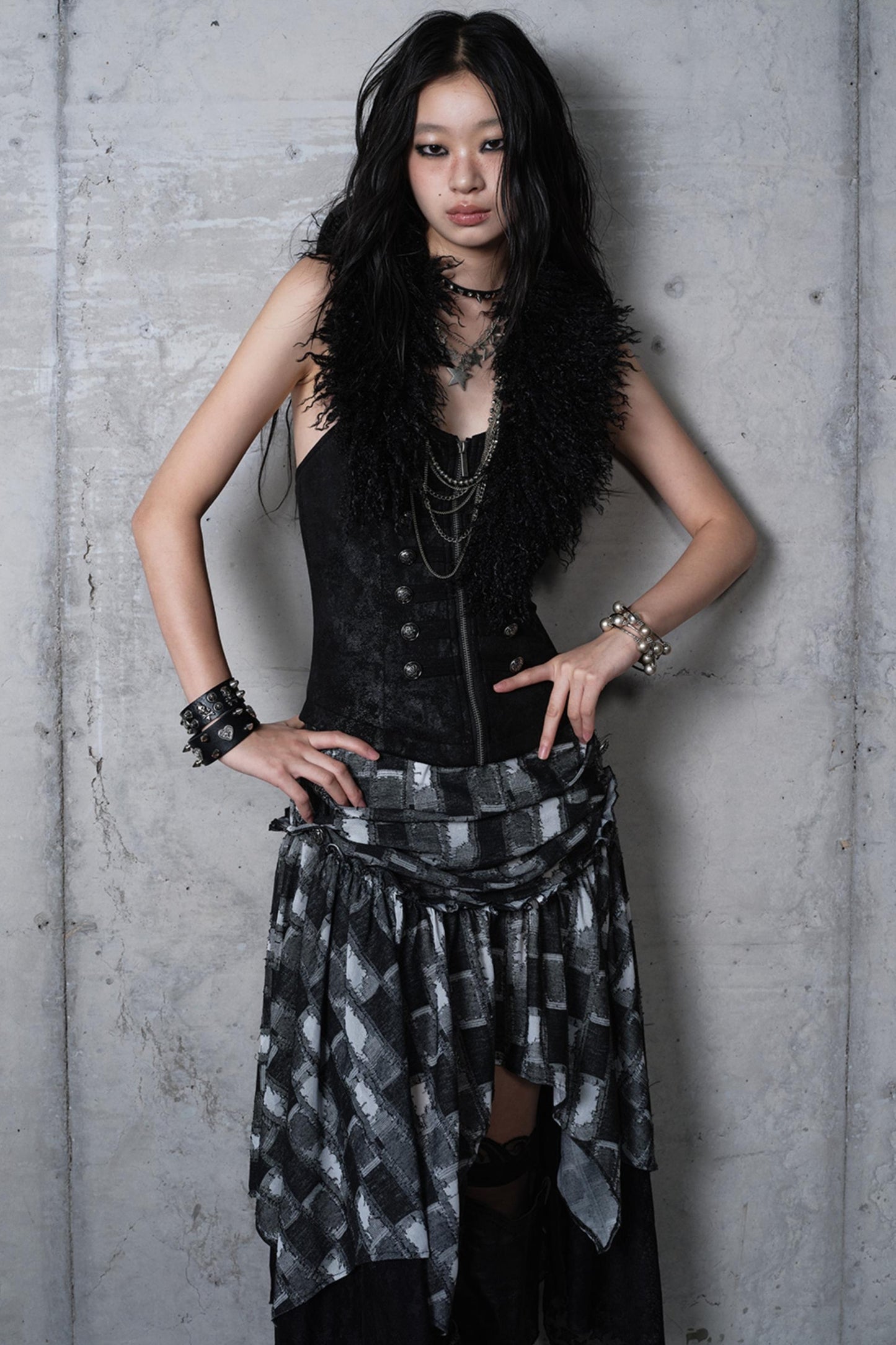 Velvet Irregular Check Bandeau Dress