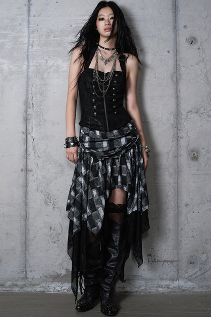 Velvet Irregular Check Bandeau Dress