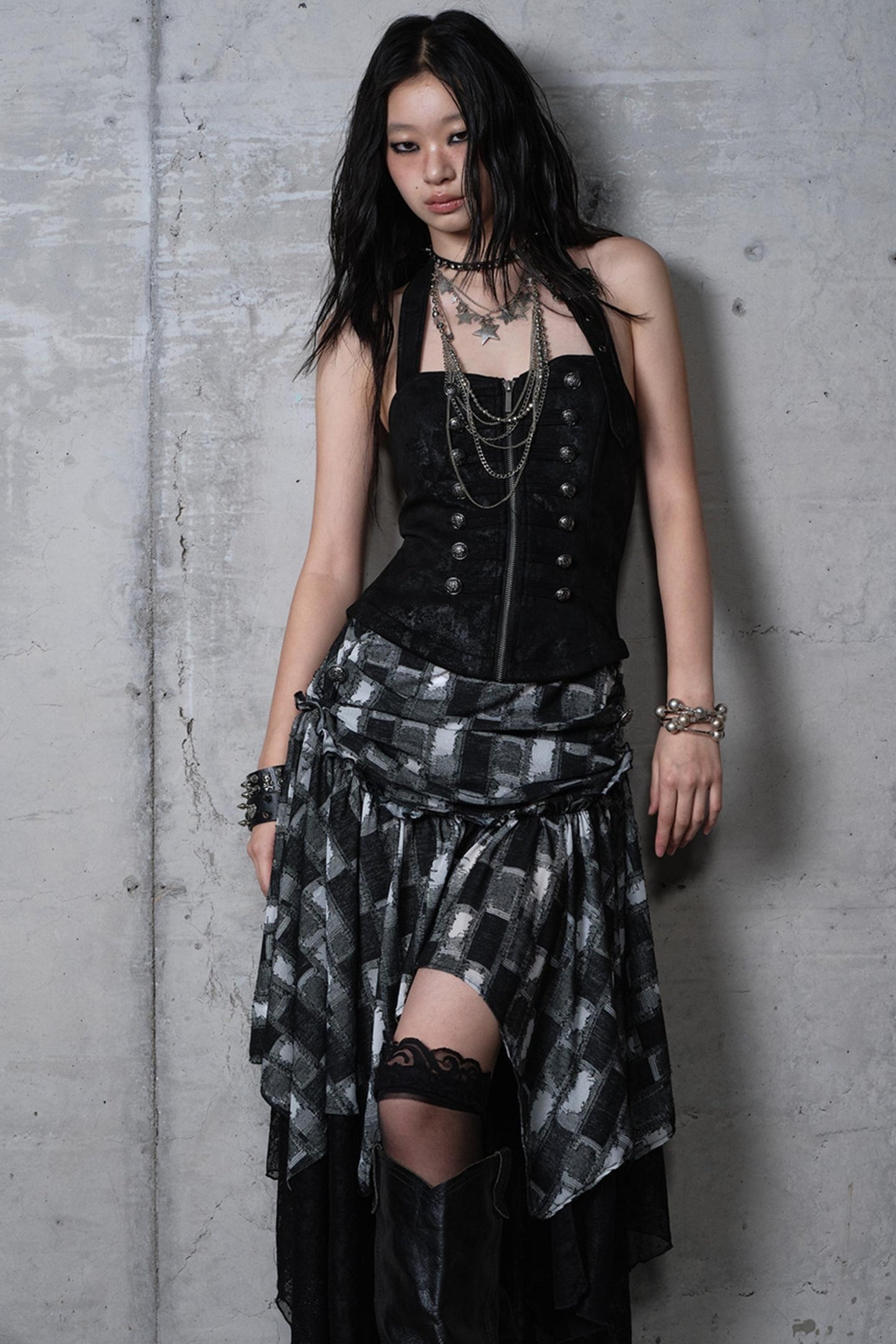 Velvet Irregular Check Bandeau Dress