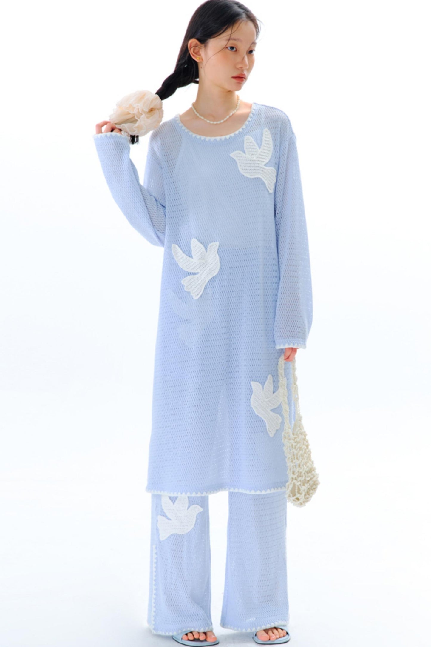 Sun Bird Embroidery Loose Knit Trousers