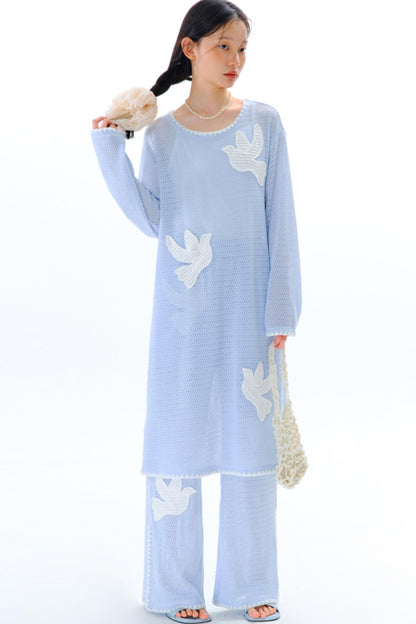 Sun Bird Embroidery Loose Knit Trousers