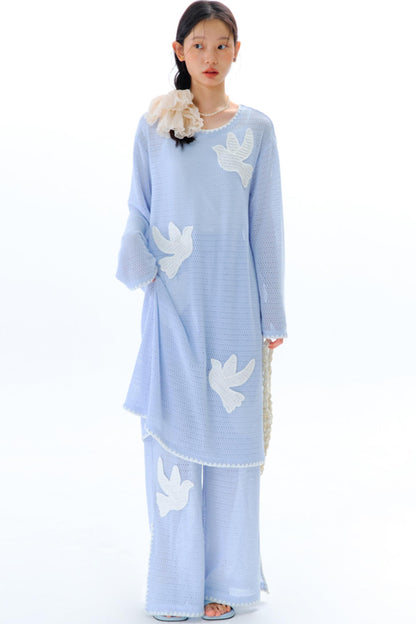 Sun Bird Embroidery Loose Knit Trousers