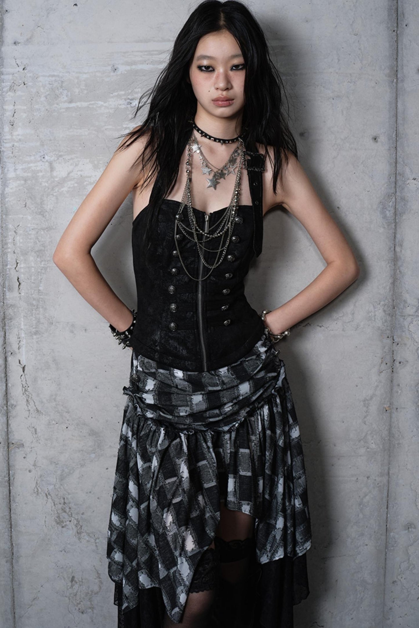 Velvet Irregular Check Bandeau Dress