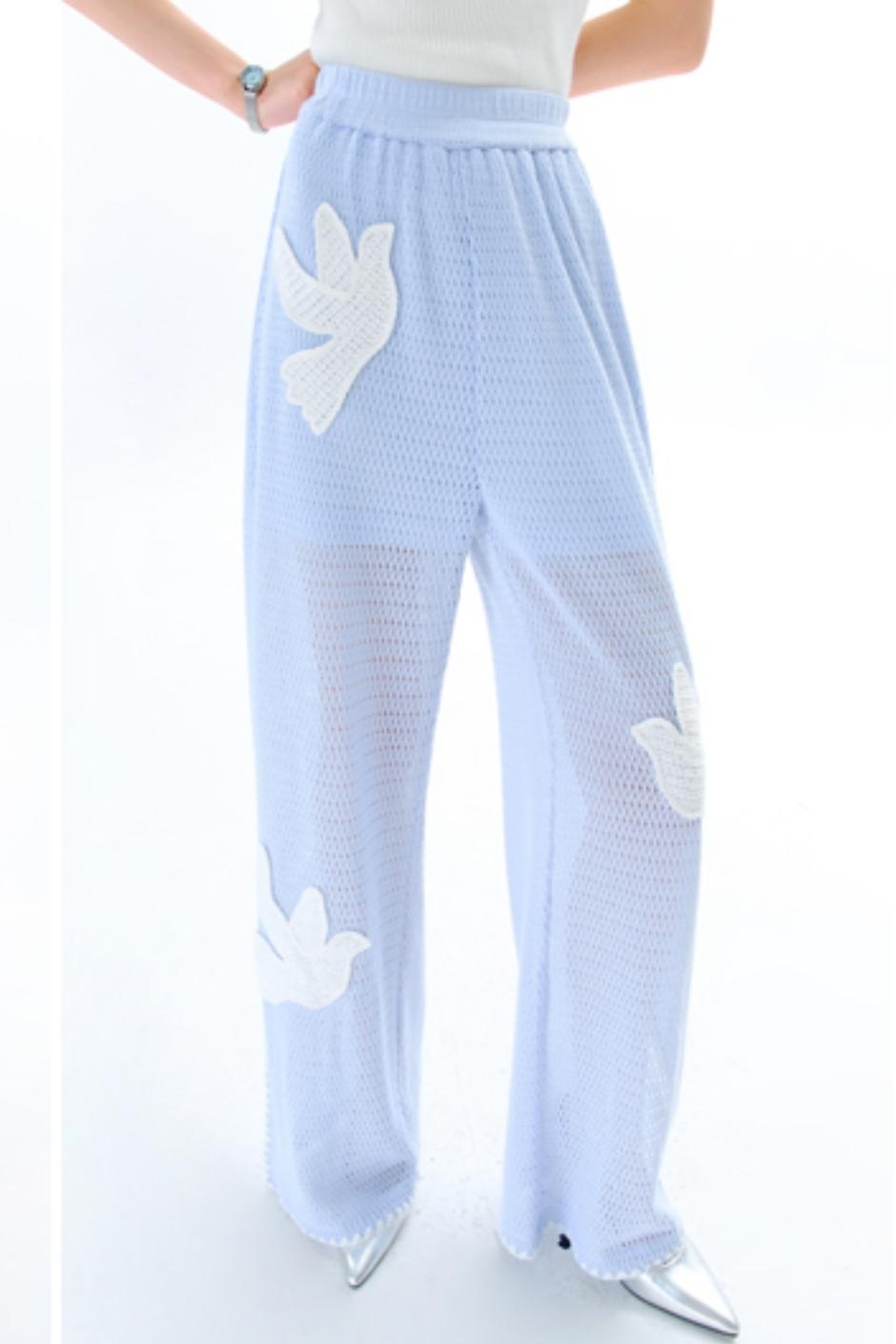 Sun Bird Embroidery Loose Knit Trousers