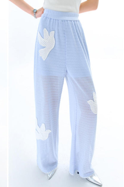 Sun Bird Embroidery Loose Knit Trousers