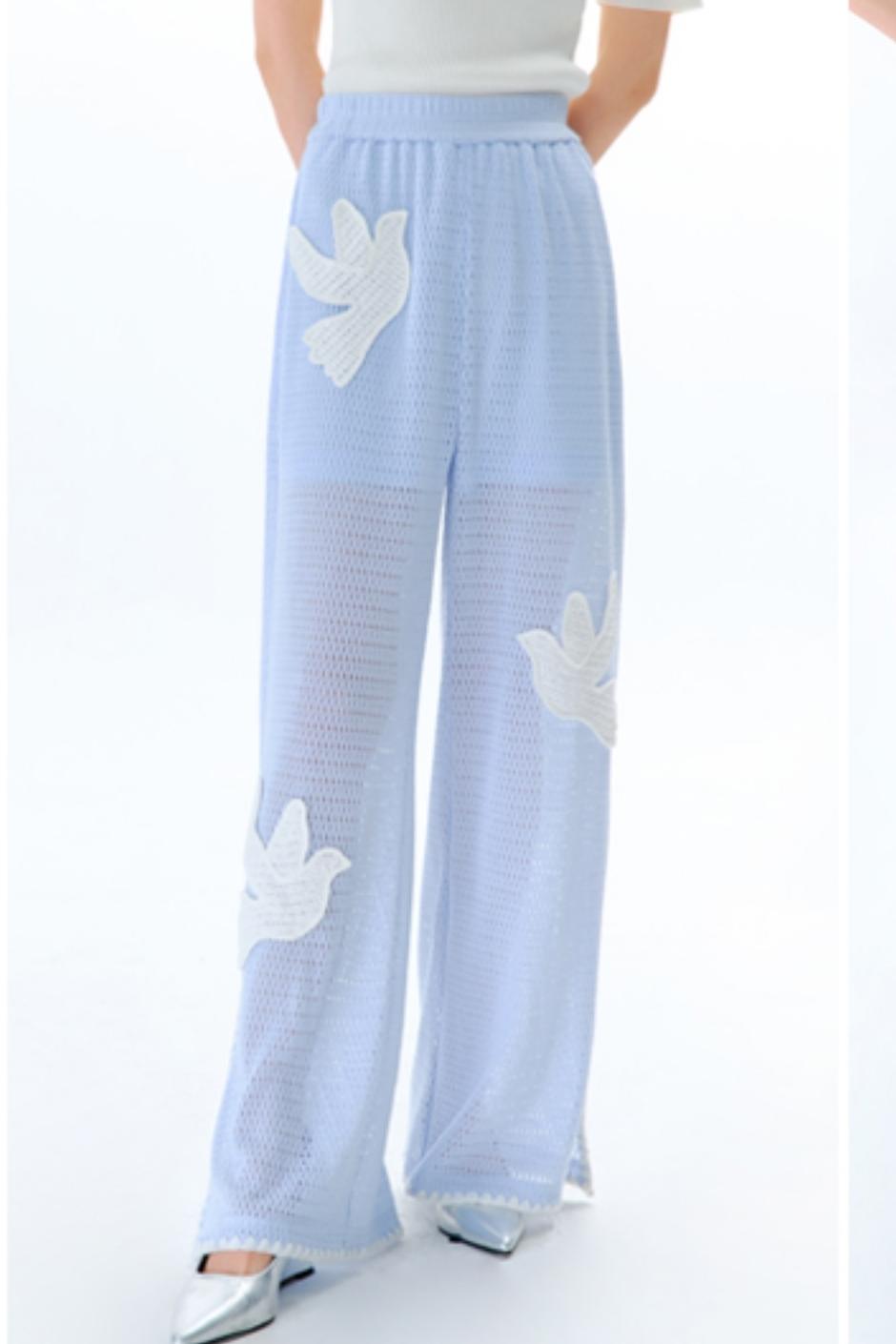 Sun Bird Embroidery Loose Knit Trousers