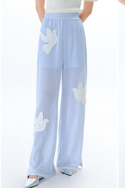 Sun Bird Embroidery Loose Knit Trousers