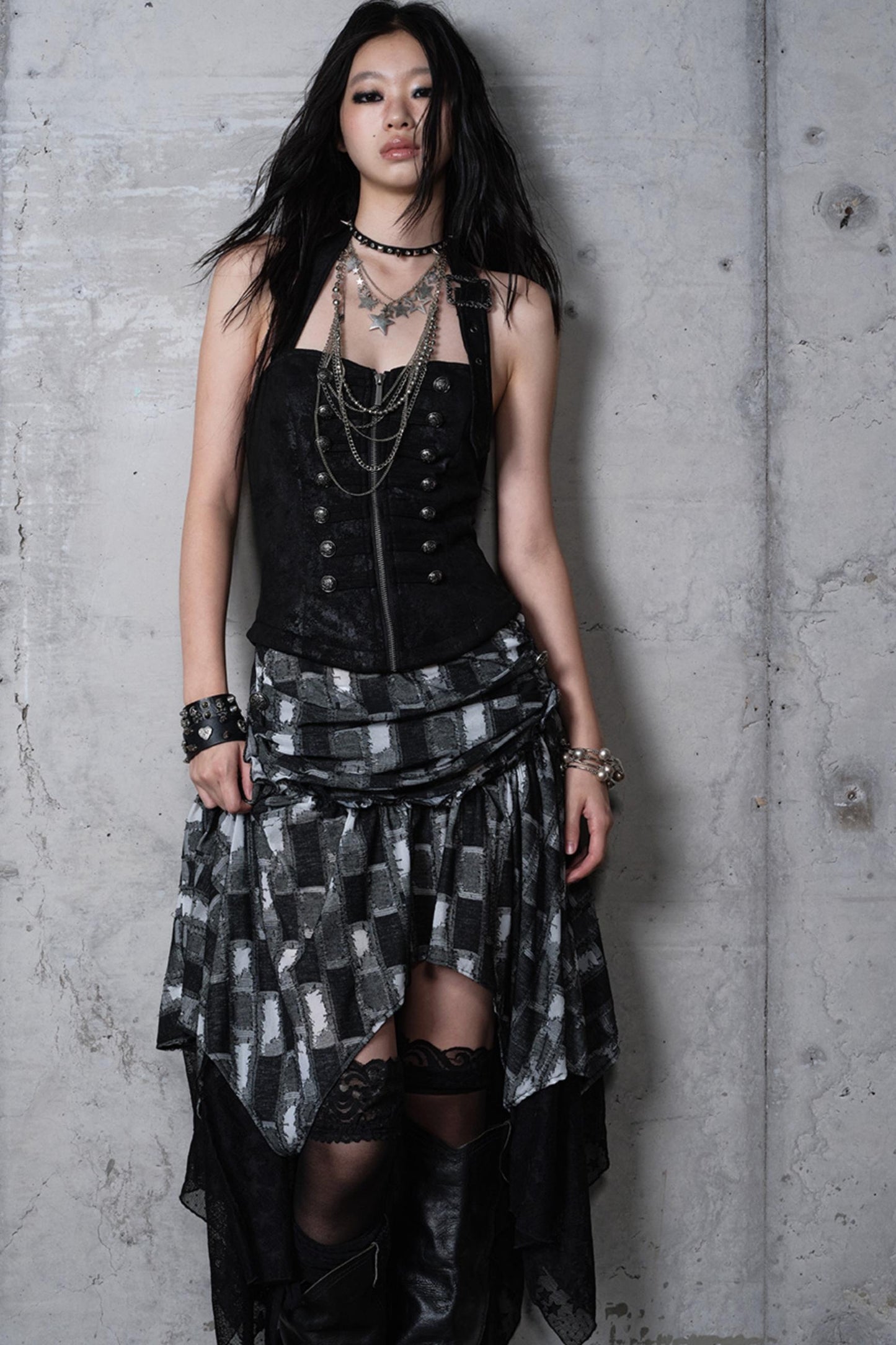 Velvet Irregular Check Bandeau Dress