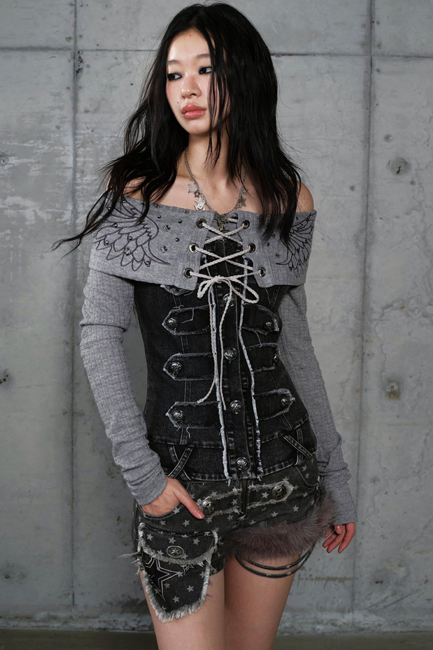 Vintage Denim Embroidered Long Sleeve Shirt