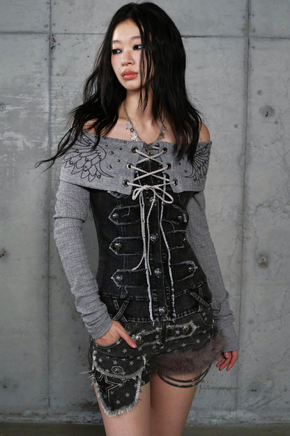 Vintage Denim Embroidered Long Sleeve Shirt