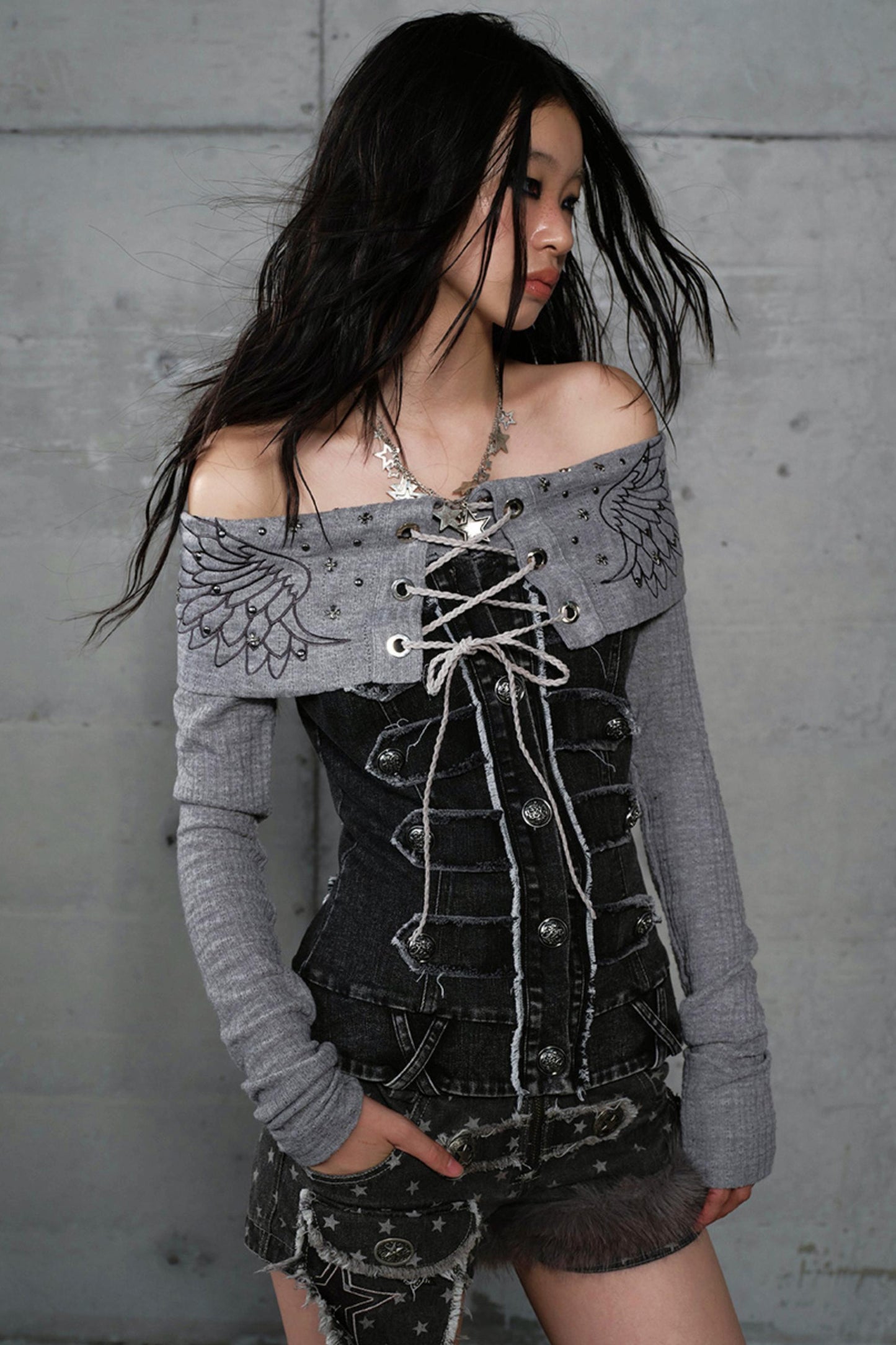 Vintage Denim Embroidered Long Sleeve Shirt