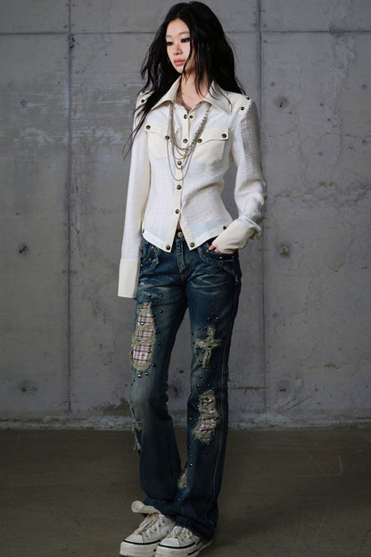 Vintage Punk Patchwork Leather Long Sleeve Shirt