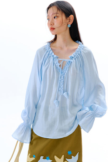 Blue Flower Fruit Ruffle V-Neck Shirt