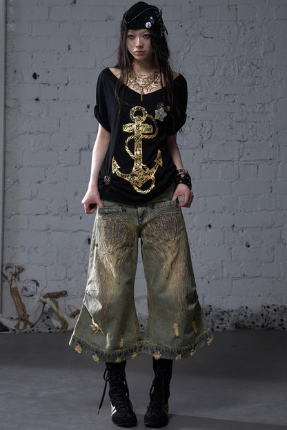 Sailor Style Printed Loose T-Shirt