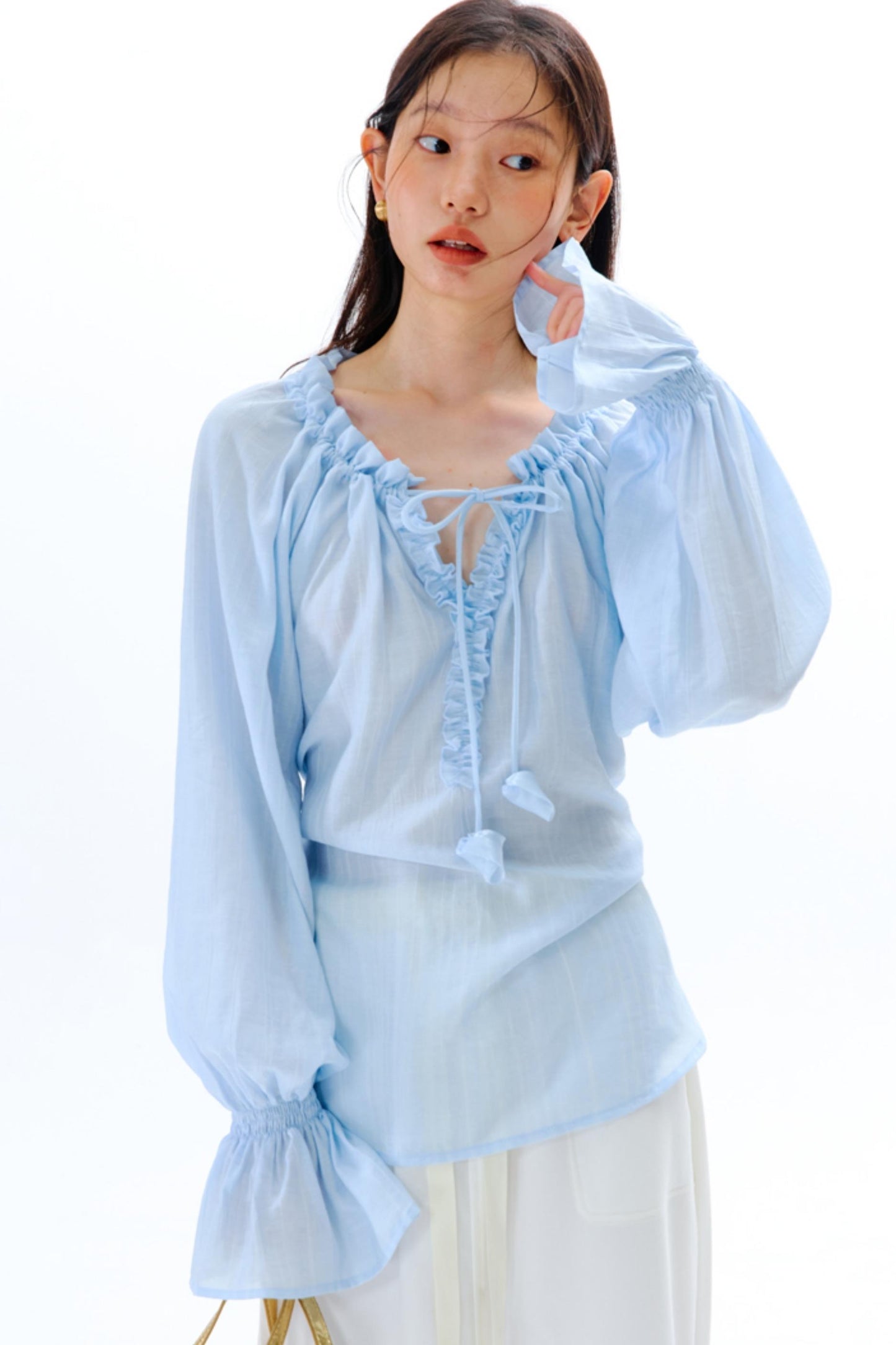 Blue Flower Fruit Ruffle V-Neck Shirt