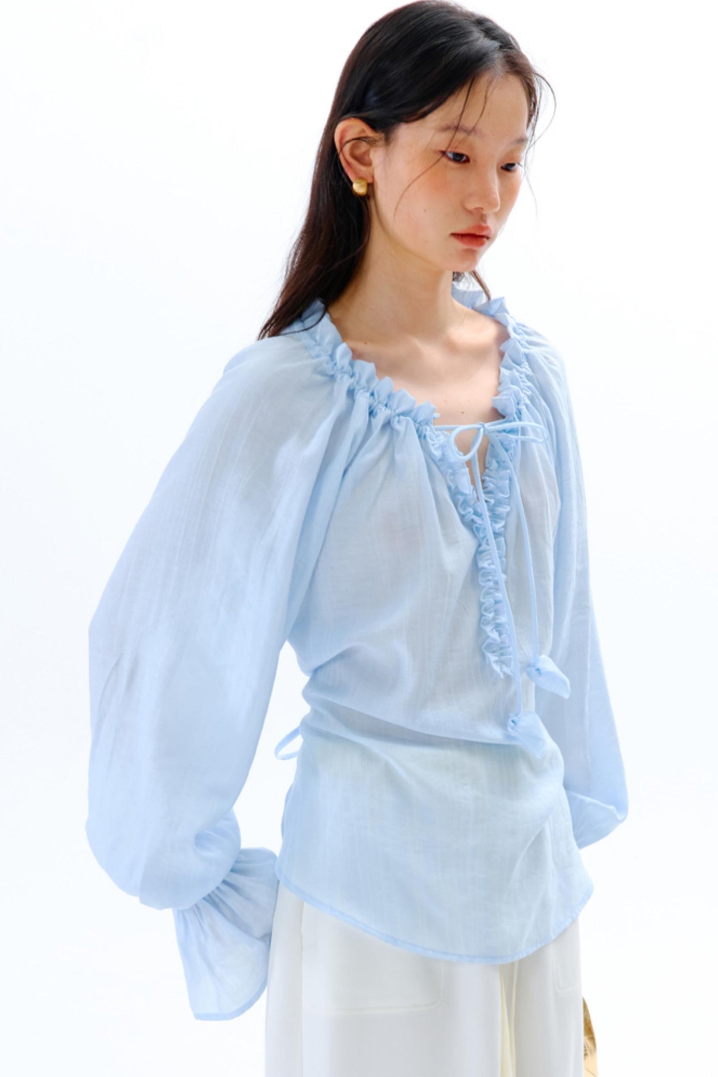 Blue Flower Fruit Ruffle V-Neck Shirt