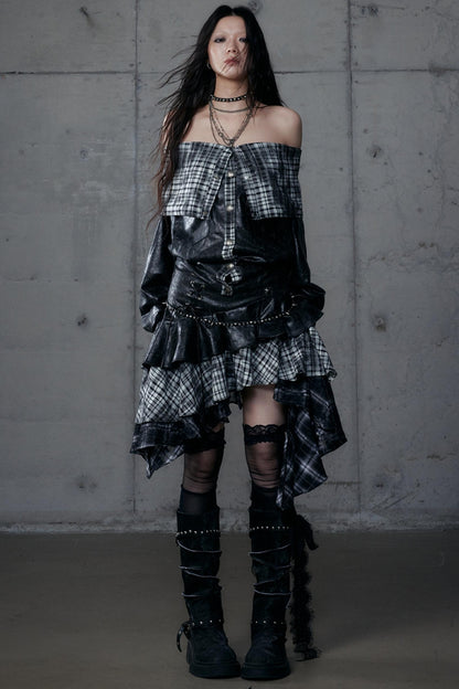 Dark Retro Plaid Leather Skirt